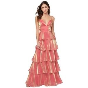 NWT Bebe Y2K Ruffle Multi Tiered Gown Maxi Iridescent Dusty Pink Shimmery 12